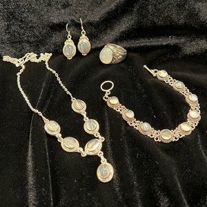 Moonstone and Silver Ring, Necklace, Earrings, and Bracelet Set